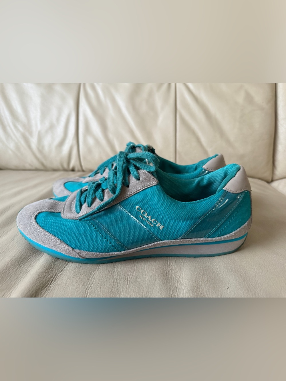 Coach Mae Teal Turquoise Suede Fashion Sneakers Women's Size 9M Q1895